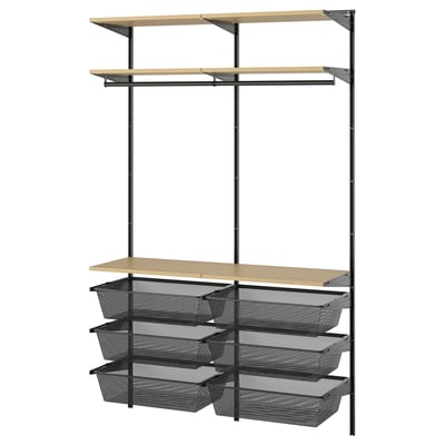 A BOAXEL storage system in black, featuring shelves and mesh baskets for organizing items.