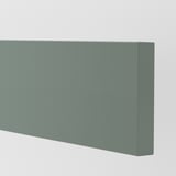 Close-up of smooth, matte green-gray cabinet door, showing modern finish.