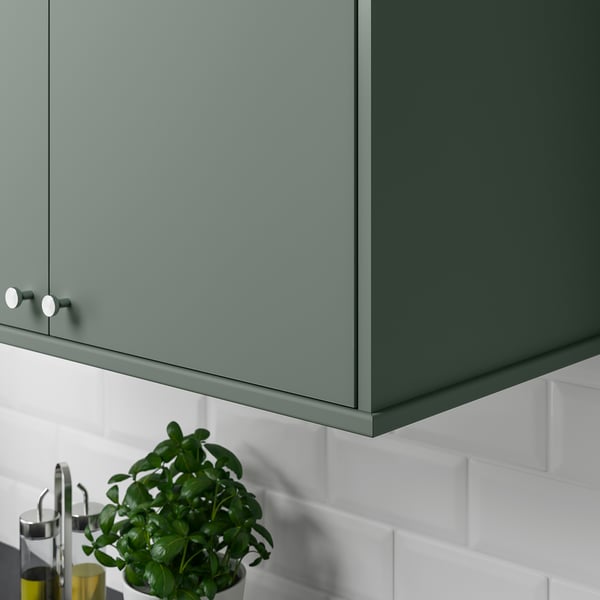 Green kitchen cabinet with handle, above a plant and bottles.