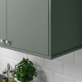 Green kitchen cabinet with handle, above a plant and bottles.