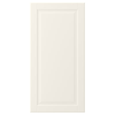 A BODBYN off-white cabinet door with a traditional beveled panel design. It is made of fiberboard and has a smooth, easy-to-clean lacquered finish.