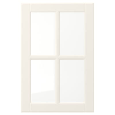 A white, rectangular cabinet door with four beveled panels in a classic style. It a smooth, lacquered surface that is easy to clean.