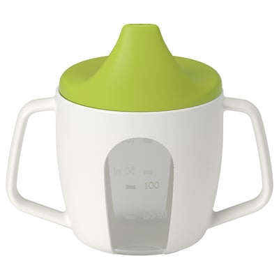 BÖRJA green-white baby beaker, 2 handles, safe plastic.