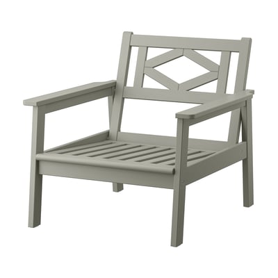 Grey bondholm outdoor chair, wooden with eucalyptus, geometric back design, and plastic feet.