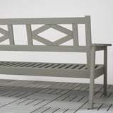 Modern outdoor bench, light grey eucalyptus wood, geometric backrest detail, sturdy design, ideal for patio.