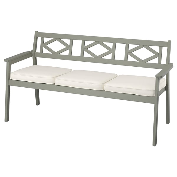 BONDHOLMEN bench in grey eucalyptus wood with white cushions.