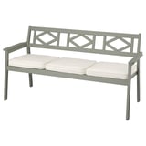 BONDHOLMEN bench in grey eucalyptus wood with white cushions.