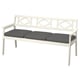 Option: BONDHOLMEN outdoor bench, white, acacia wood, grey cushions, geometric backrest.