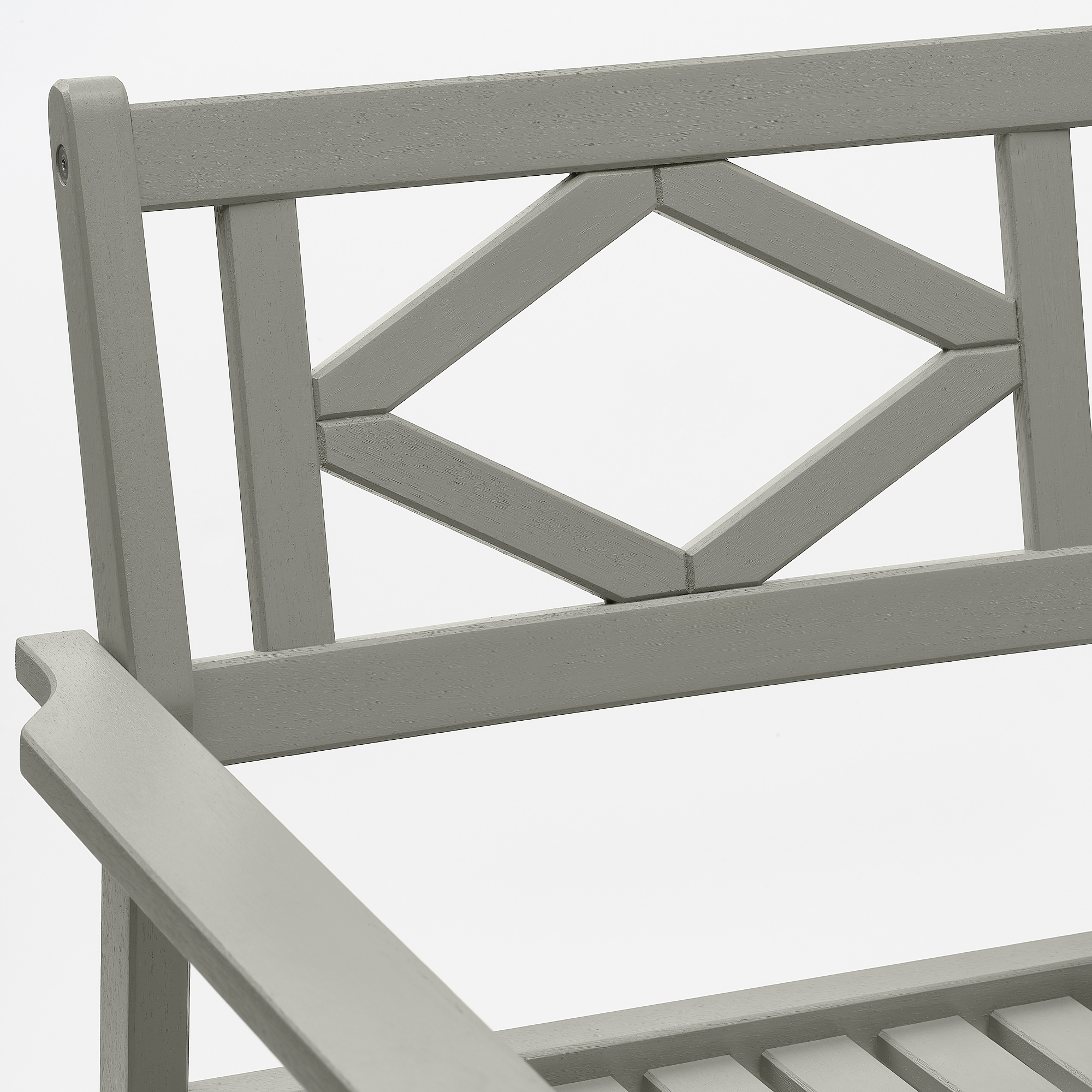 A close-up of a durable grey wooden bench, showcasing its sturdy, elegantly crafted design and supportive structure.