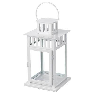 White BORRBY lantern, square glass base, powder-coated steel, classic design.