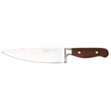 This image shows a BRILJERA chefs knife with a wooden handle and a damascus steel blade. The blade has a unique pattern for durability and sharpness.