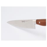 A high-quality kitchen knife featuring a sharp damascus stainless steel blade and a sturdy maple handle, designed for precision and durability.