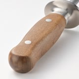 Wooden-handled knife sharpener with metal accents; quality craftsmanship, smooth finish.