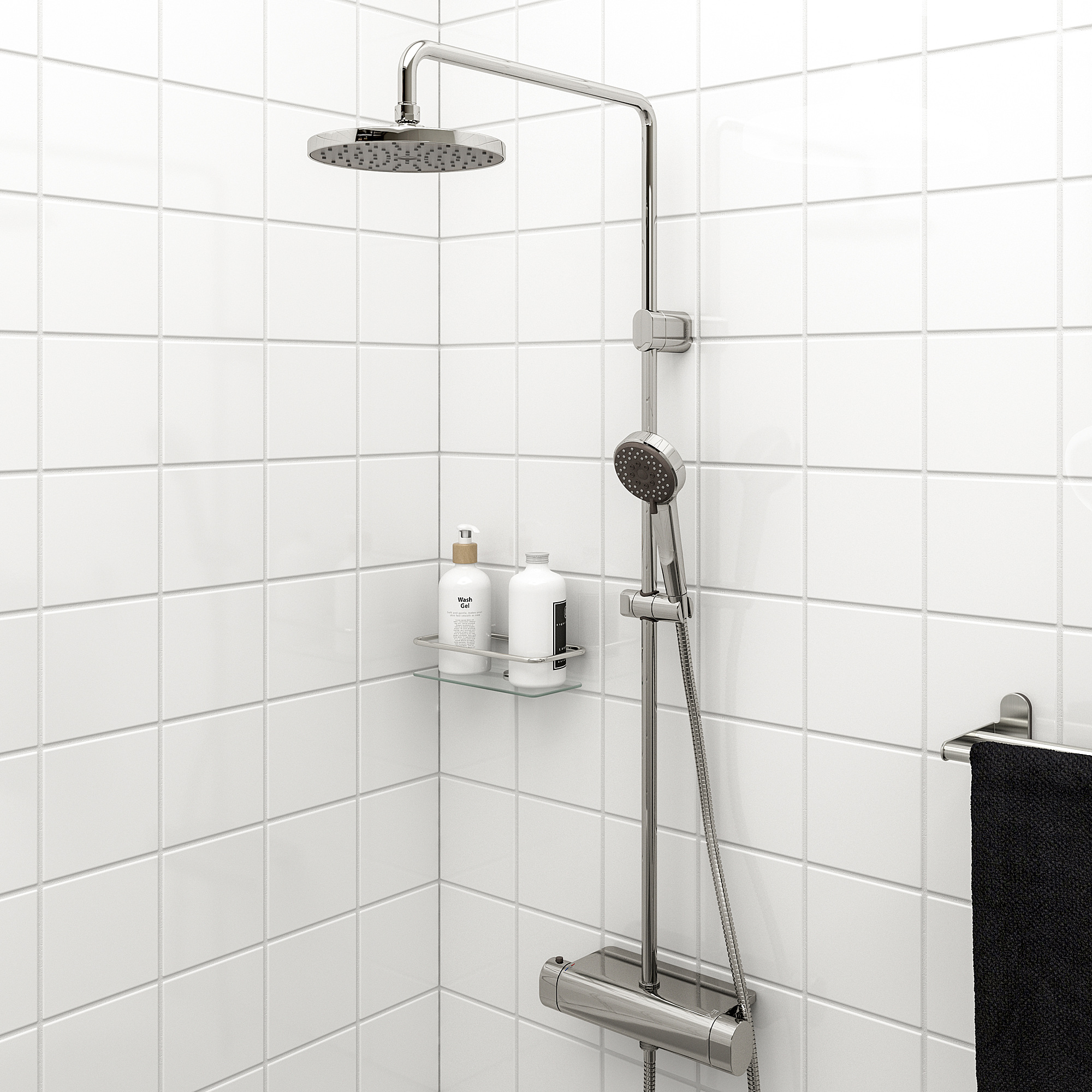 BROGRUND shower combo: chrome, large overhead and handheld sprays, safe design, white-tiled wall, minimalist style.