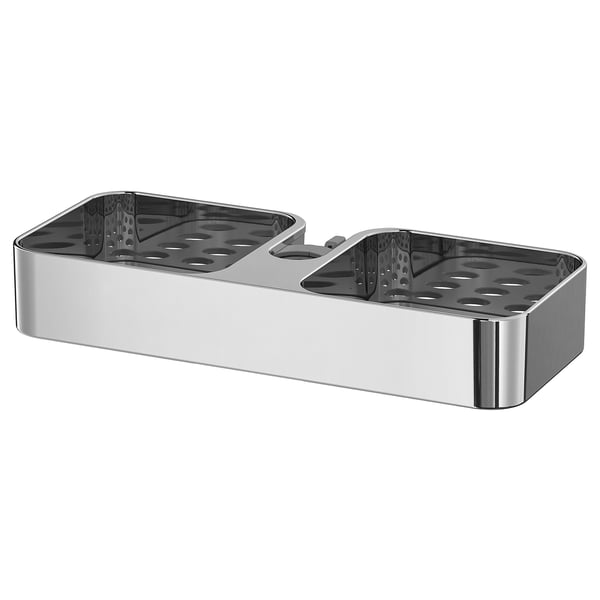 Silver BROGRUND shower shelf with 2 sections and drainage holes.
