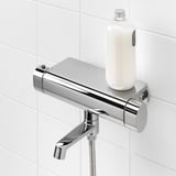 Shower mixer with thermostatic control and safety stop at 38°c. Cold touch design and adjustable flow between shower and bath spout.