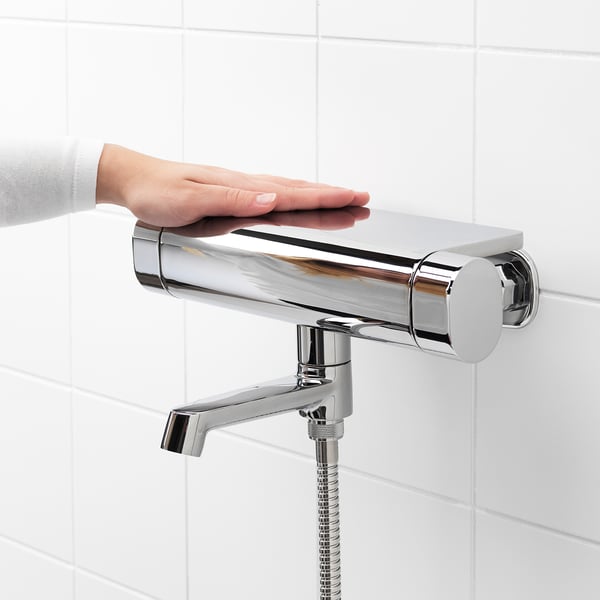 Chrome shower mixer, hand adjust, safety 38°c, cold touch