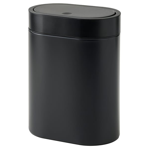 A black BROGRUND trash can with a sleek, slim design. It a press-open lid, wall-mount capability, and handles for easy bag attachment.