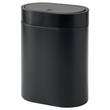 A black BROGRUND trash can with a sleek, slim design. It a press-open lid, wall-mount capability, and handles for easy bag attachment.