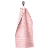 Light pink organic cotton towel with a woven border hangs neatly on a silver hook. Soft, absorbent, and elegant.