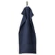 A dark blue BROKGLIM towel hangs neatly on a hook. Made of soft, absorbent organic cotton with a woven border.