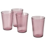 Four pink glass cups, ribbed design, set in a line.