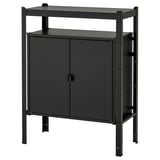 Black metal storage unit with cabinet and open shelf, featuring two doors and a simple design. Ideal for organizing heavy items.