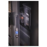 Black metal cabinet with transparent plastic drawers, blue handle, dark interior.