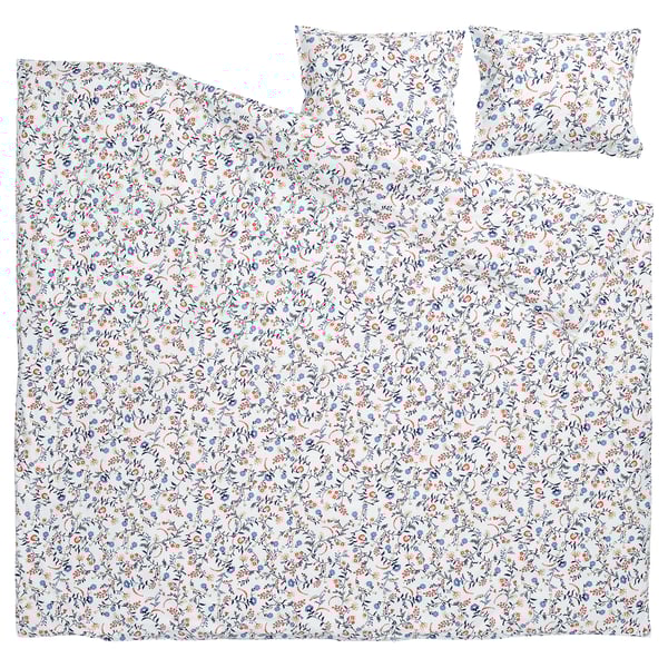 BRUDKRUSBÄR duvet set, white with blue & orange florals, 100% organic cotton.