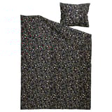 The BRUDKRUSBÄR duvet set black organic cotton with colorful floral prints, ideal for comfy, eco-friendly bedding.