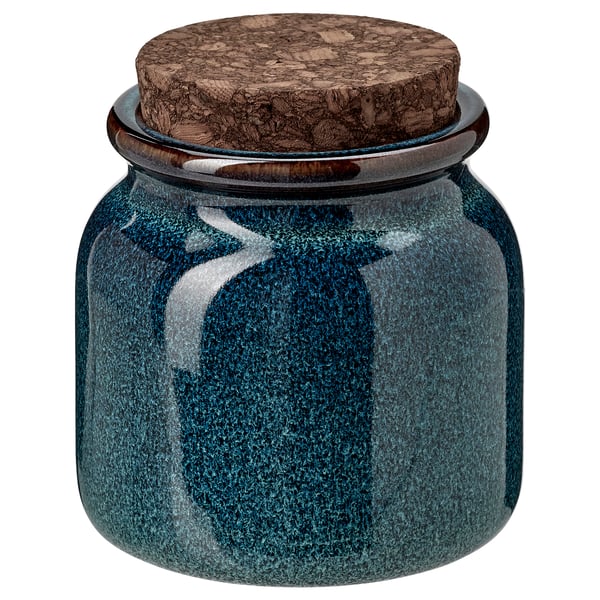 A BRUGDHAJ jar, a rustic blue-green stoneware container with a cork lid, ideal for storing food or serving on the table.