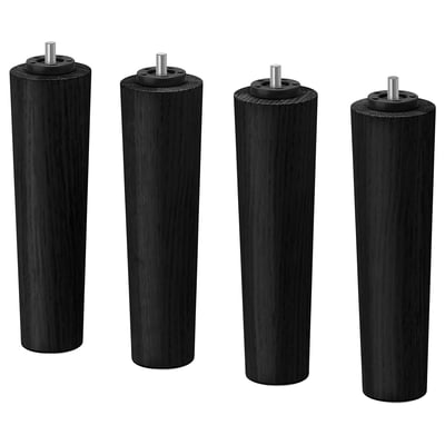 Four black wooden cylindrical legs with screws on top, designed for furniture, arranged in a row.