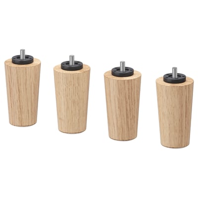 Four light brown wood legs with black threaded tops, arranged in a line. They are cylindrical and finished with clear acrylic lacquer.