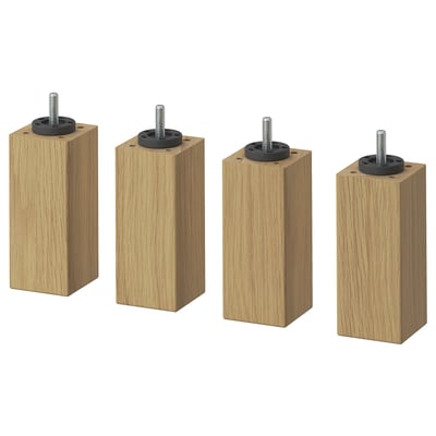 Four BURFJORD wooden furniture legs with screws, light brown, square shape.