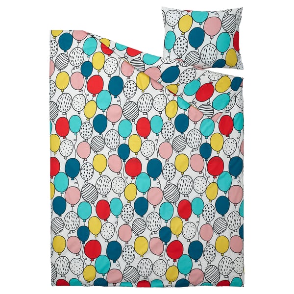 A colorful bedding set named BUSENKEL with a balloon pattern on a white cotton background, including a duvet and pillowcase.