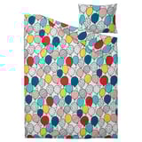 A colorful bedding set named BUSENKEL with a balloon pattern on a white cotton background, including a duvet and pillowcase.