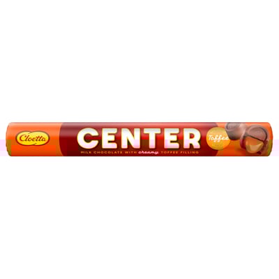 Image depicts a CENTER brand chocolate bar from cloetta with creamy toffee filling.