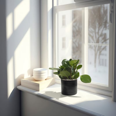 Window sill with plant, bowls, books, sun.