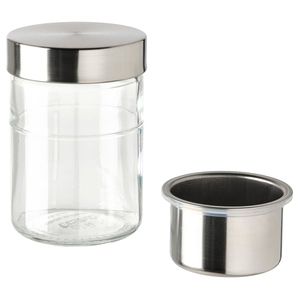 The DAGKLAR glass jar with a stainless-steel lid and insert, designed for storing food like oats or nuts.