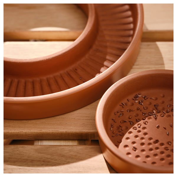 Two terracotta sprouting dishes on a wooden surface. One dish has perforations for aeration. High-quality, natural clay construction.