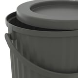 Dark grey recycling bin with lid, handle, and ribbed texture, showcasing durable, stackable design.
