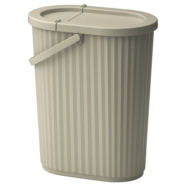 This image an off-white, striped DAMMÄNG recycling bin with a lid, handle, and a sleek, oval shape for efficient waste sorting.