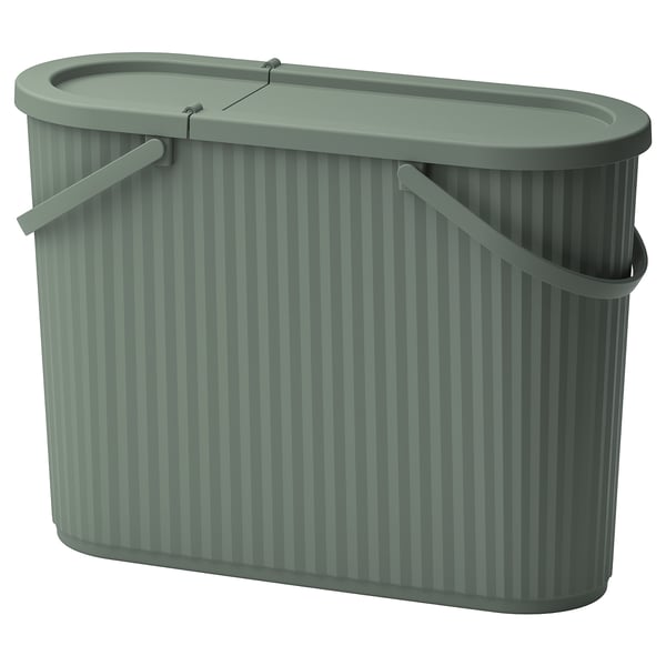 Green DAMMÄNG bin, rectangular, ribbed design, lid, folding handle, eco-friendly plastic.