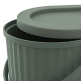 Green stackable recycling bin with lid, sturdy handles, vertical ribbing for strength.
