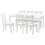 White square dining table with six matching chairs. Simple, clean design, ideal for small spaces.