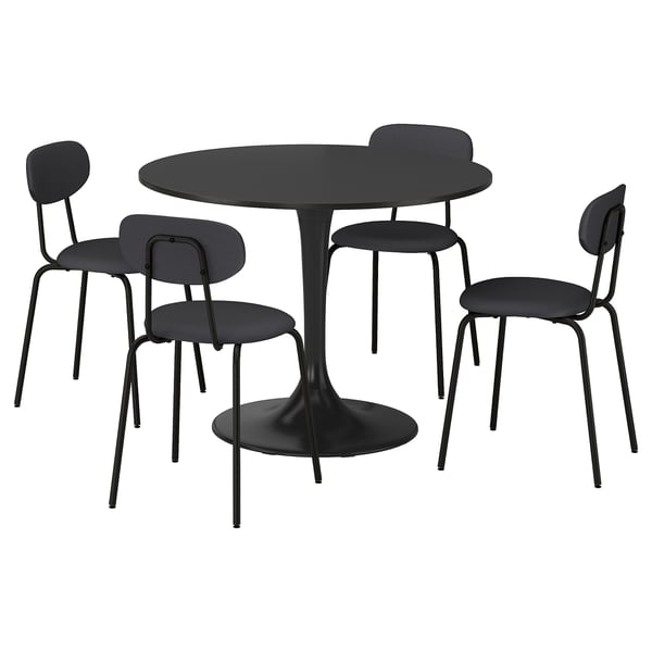 DOCKSTA black round dining table & 4 chairs, modern, metal legs, padded seats.