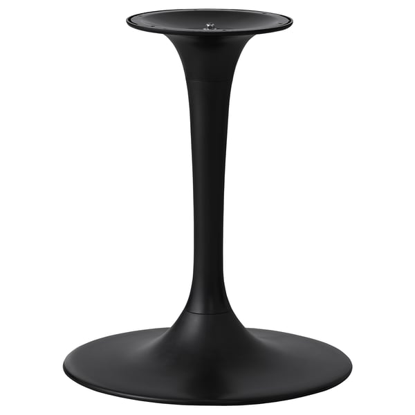 Black modern table stand, tall sleek column, circular base & top.