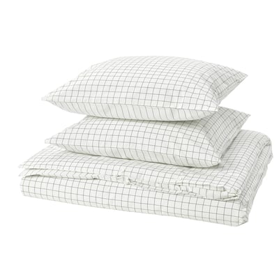 White/anthracite checkered duvet set, 3 pillows, cotton.