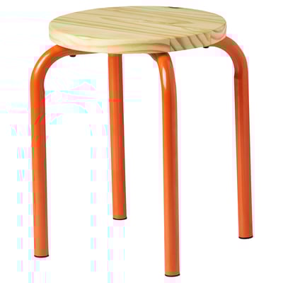 Round ikea stool with orange metal frame and wood seat, modern design.
