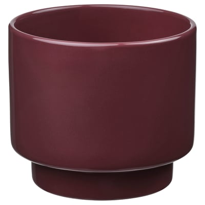 Dark red cylindrical DRAKFRUKT planter with smooth glaze and base, ideal for outdoor use.